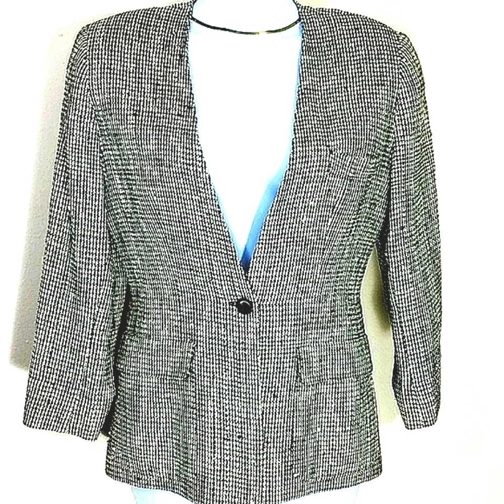 Mobwife Estate 80s Vintage Herringbone Blazer Collarless Padded Shoulders Small